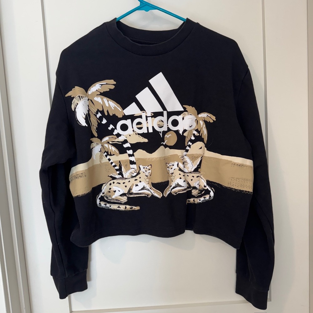 Adidas Black Cropped Graphic Sweatshirt Cheetah Palm Tree H57415 Womens S